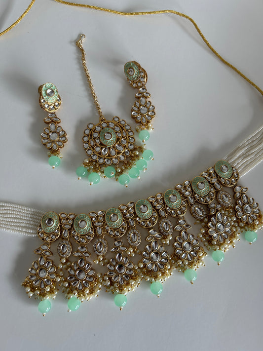 Green crystal necklace earrings tikka set