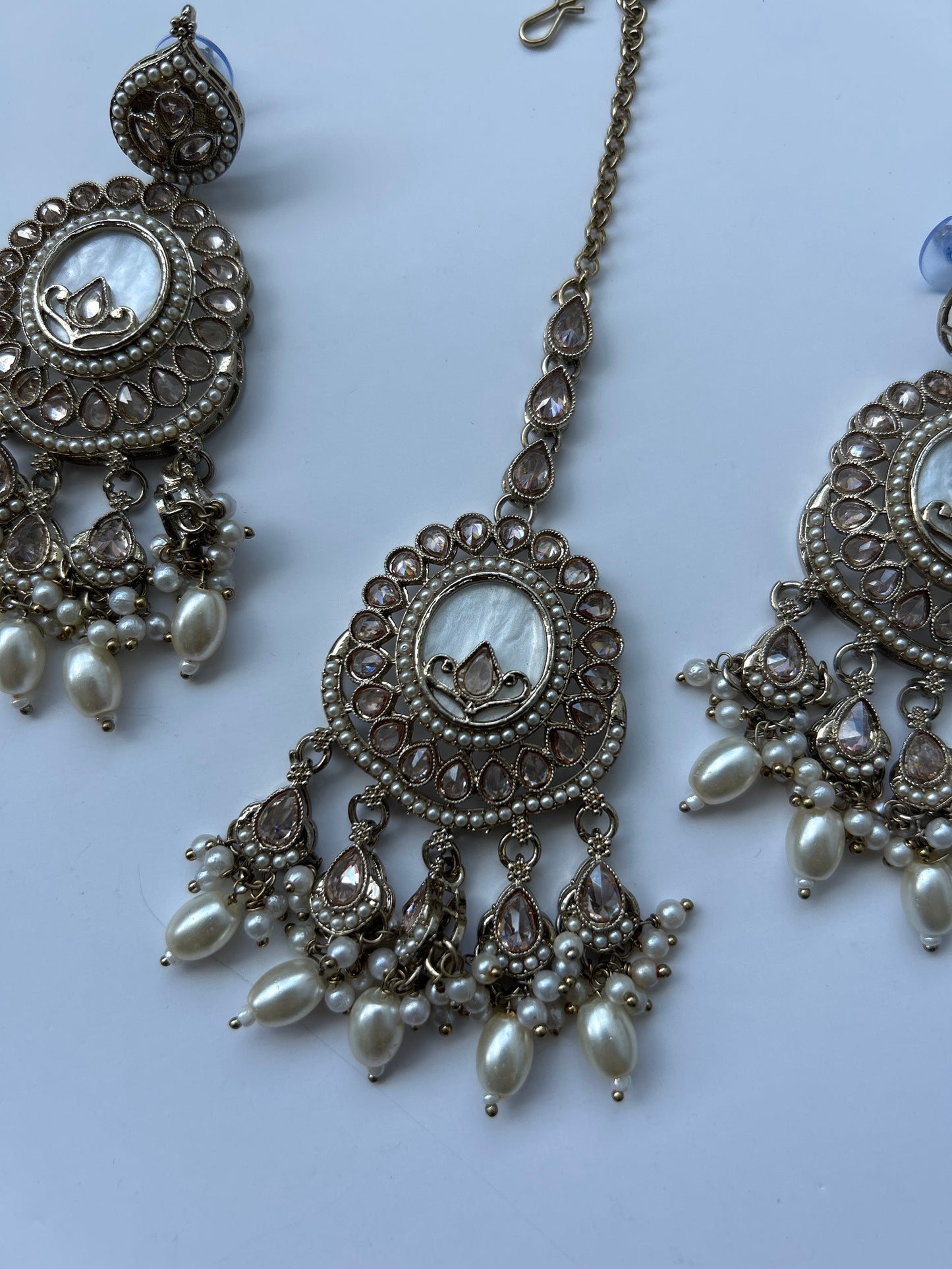 Marble Pearl Gold Necklace Earrings Tikka Set