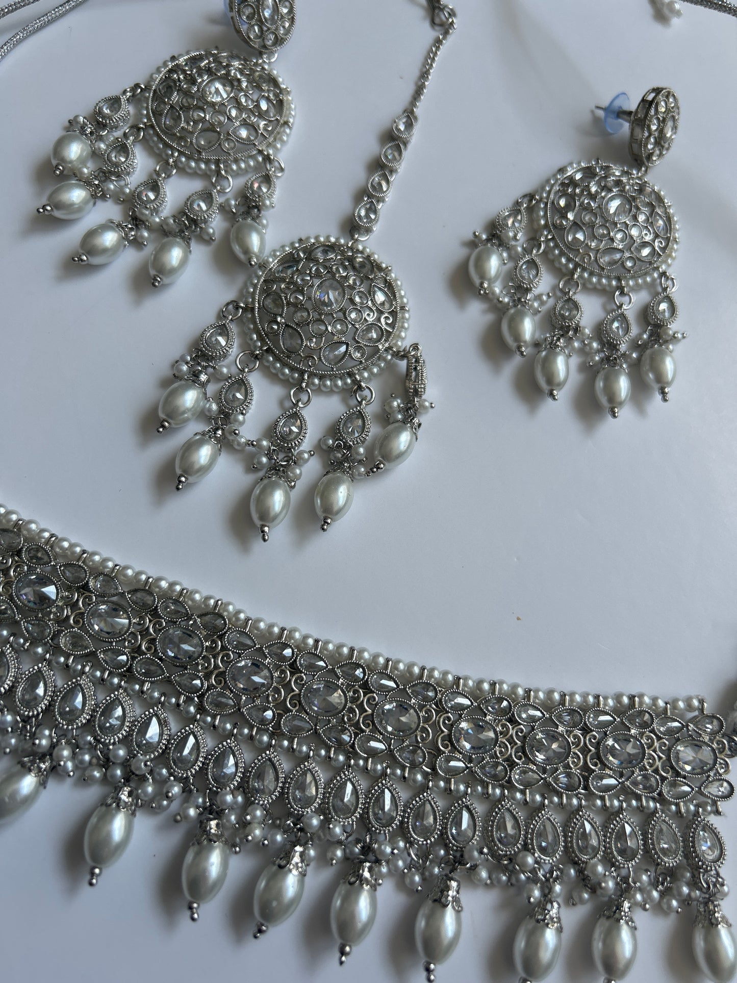 Silver Statement Necklace Earrings Tikka Set