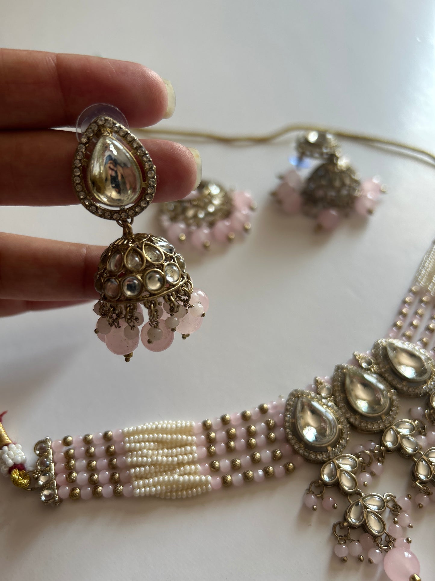 Light Pink Pearl Necklace Earrings Tikka Set