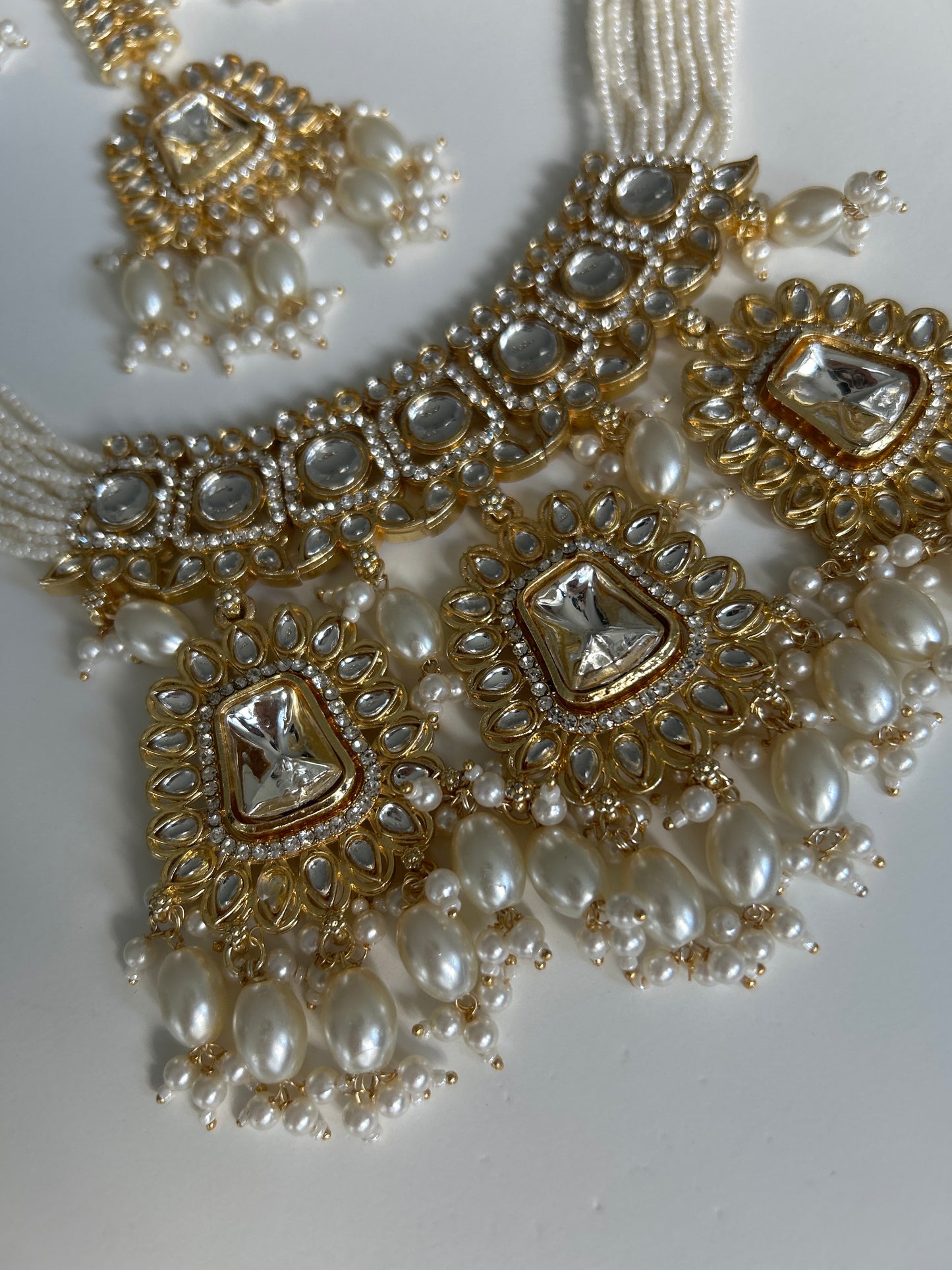 Gold pearls square fall necklace earring tikka set