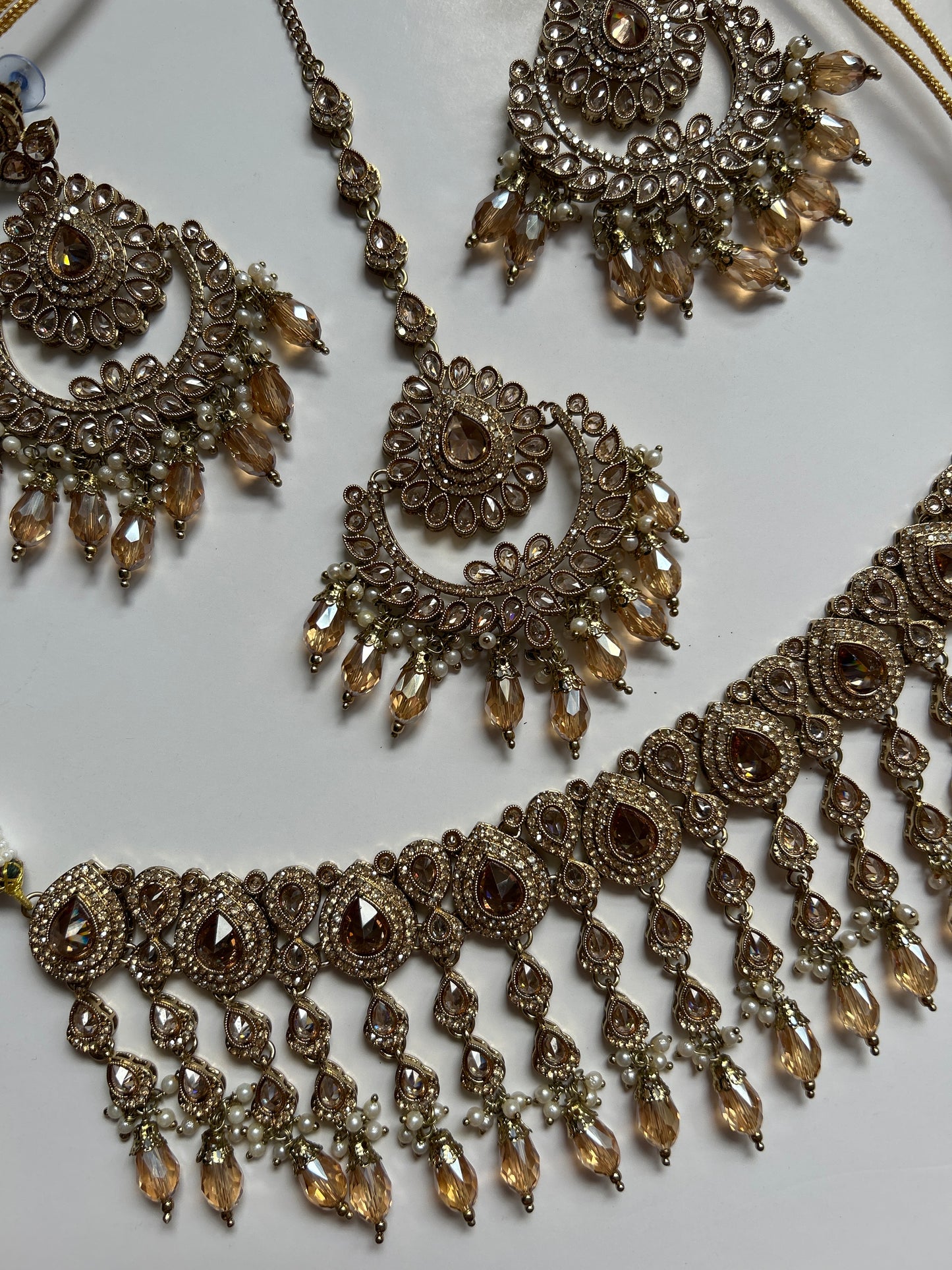 Teardrop Crystal Necklace Earrings Tikka Set