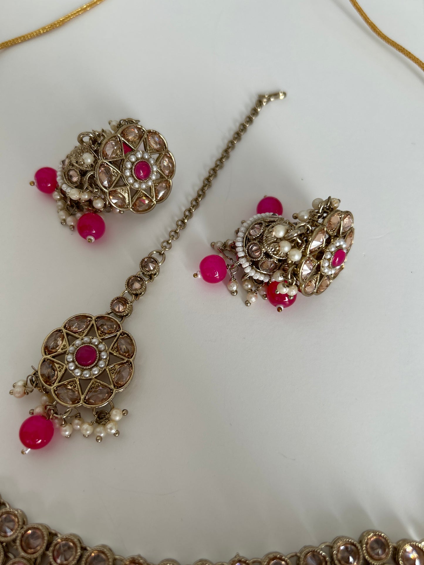 Hot Pink gold necklace earrings tikka set