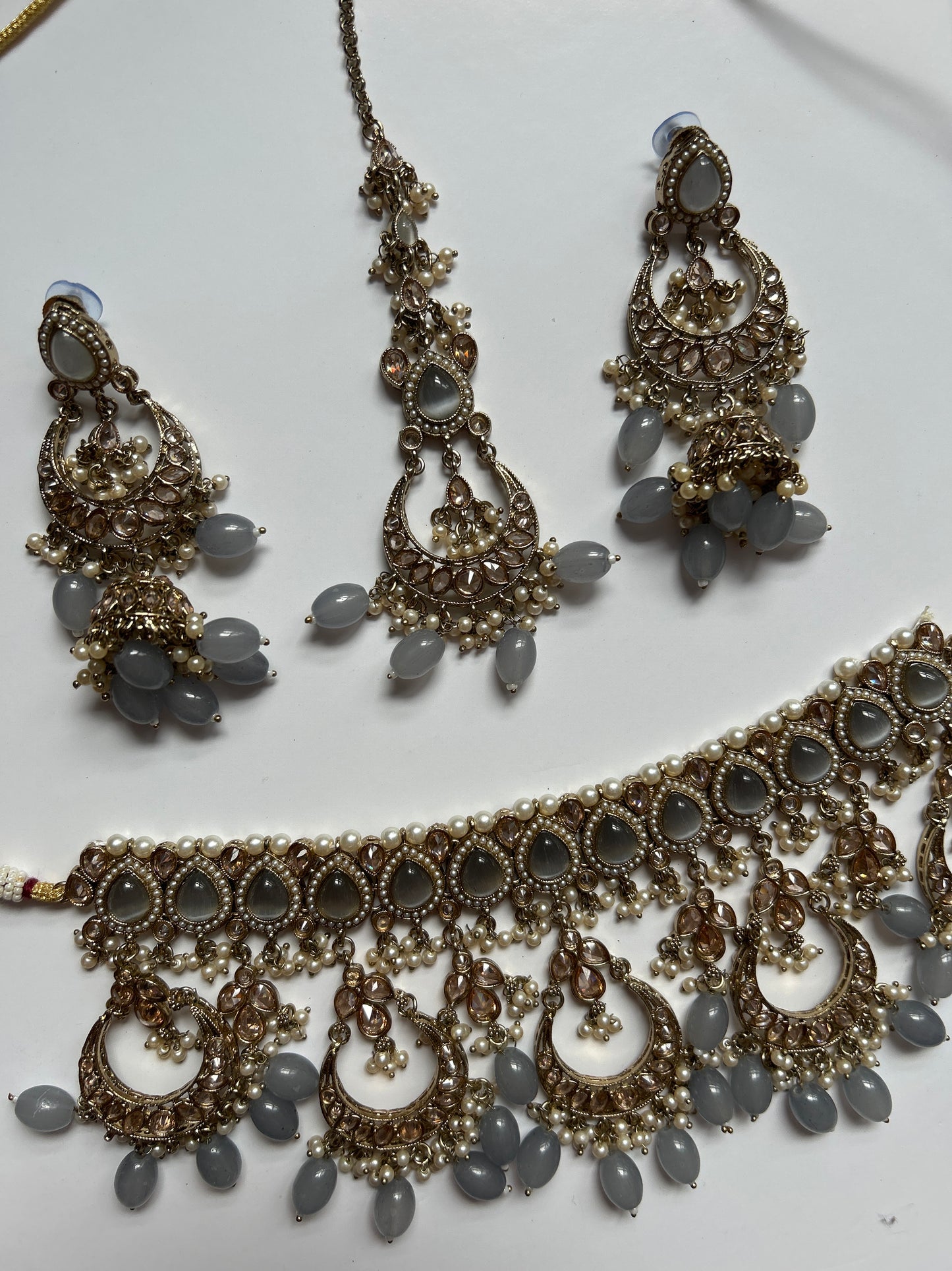 Gray Chandelier Necklace Earrings Tikka Set