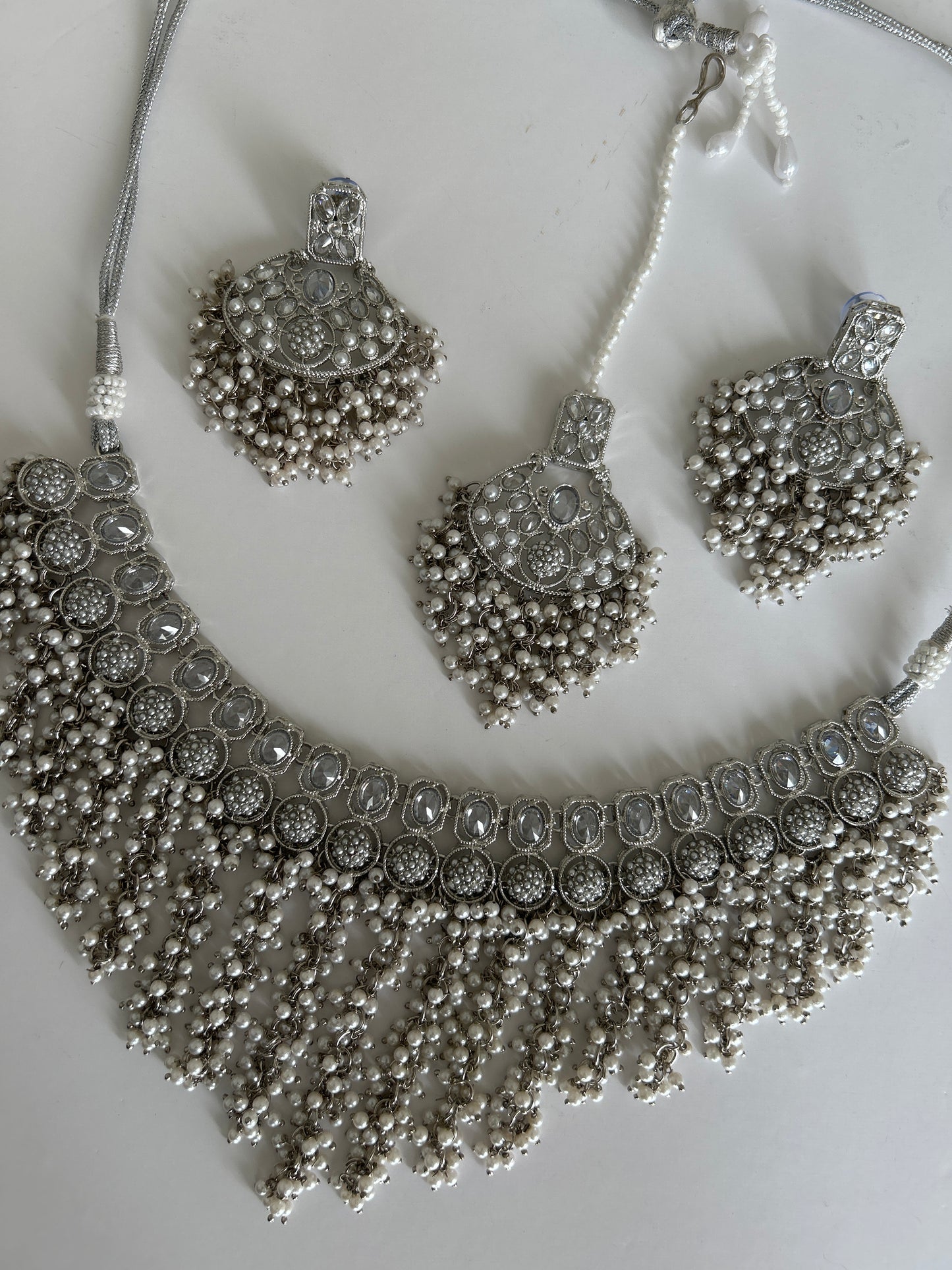 Silver Waterfall Pearl Necklace Earrings Tikka Set