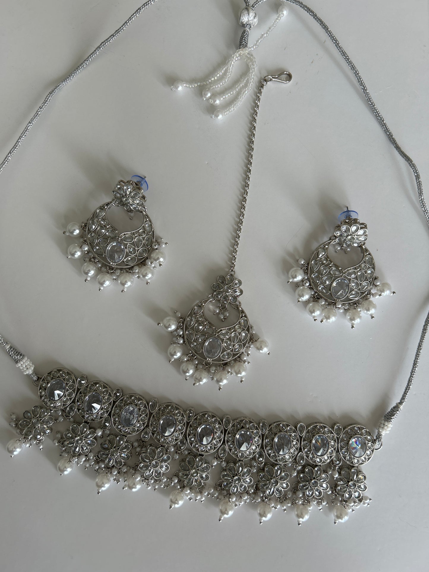 Flower Drop Crystal Necklace Earrings Tikka Set