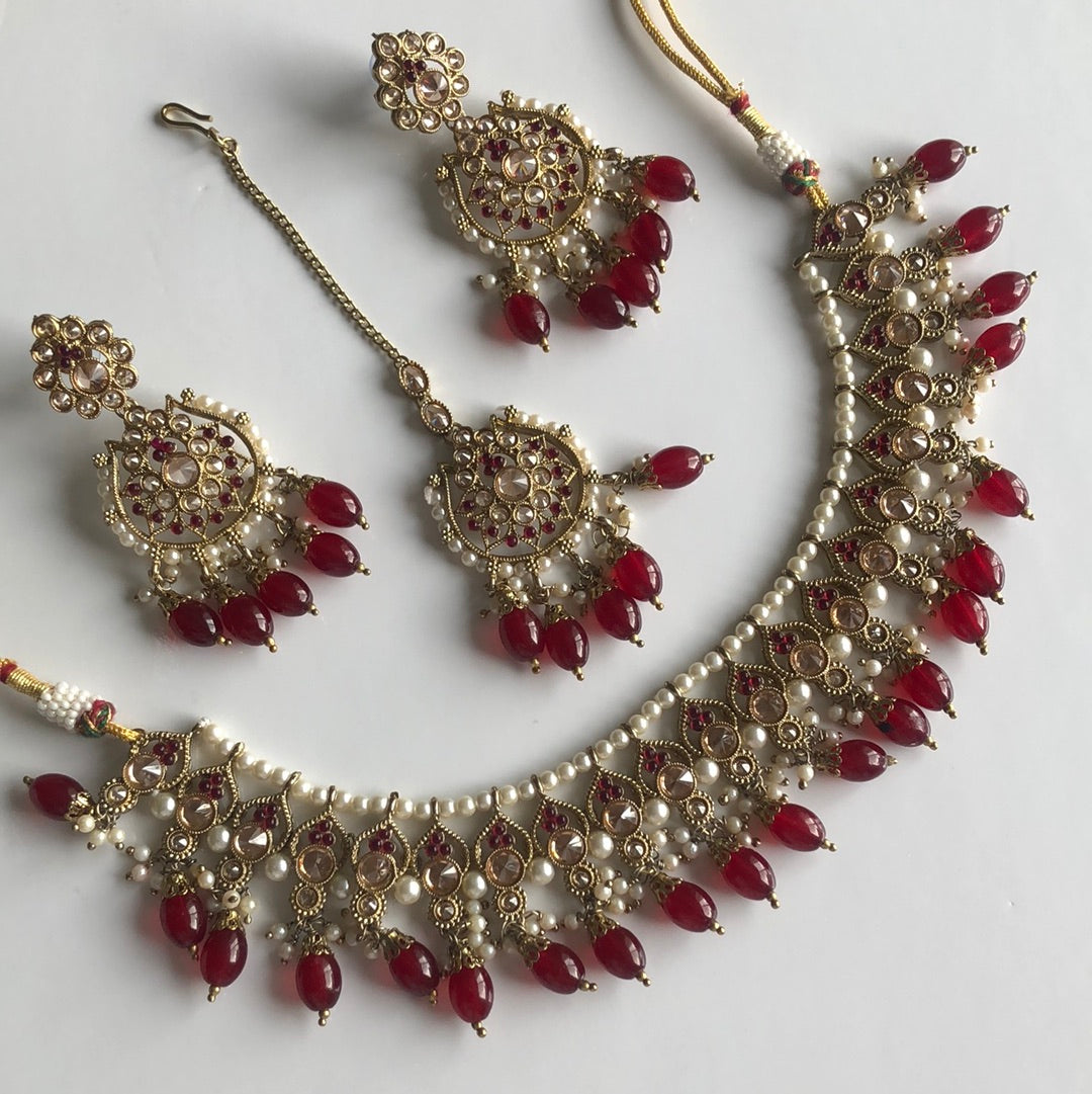 Deep Red Necklace Earring Tikka Set