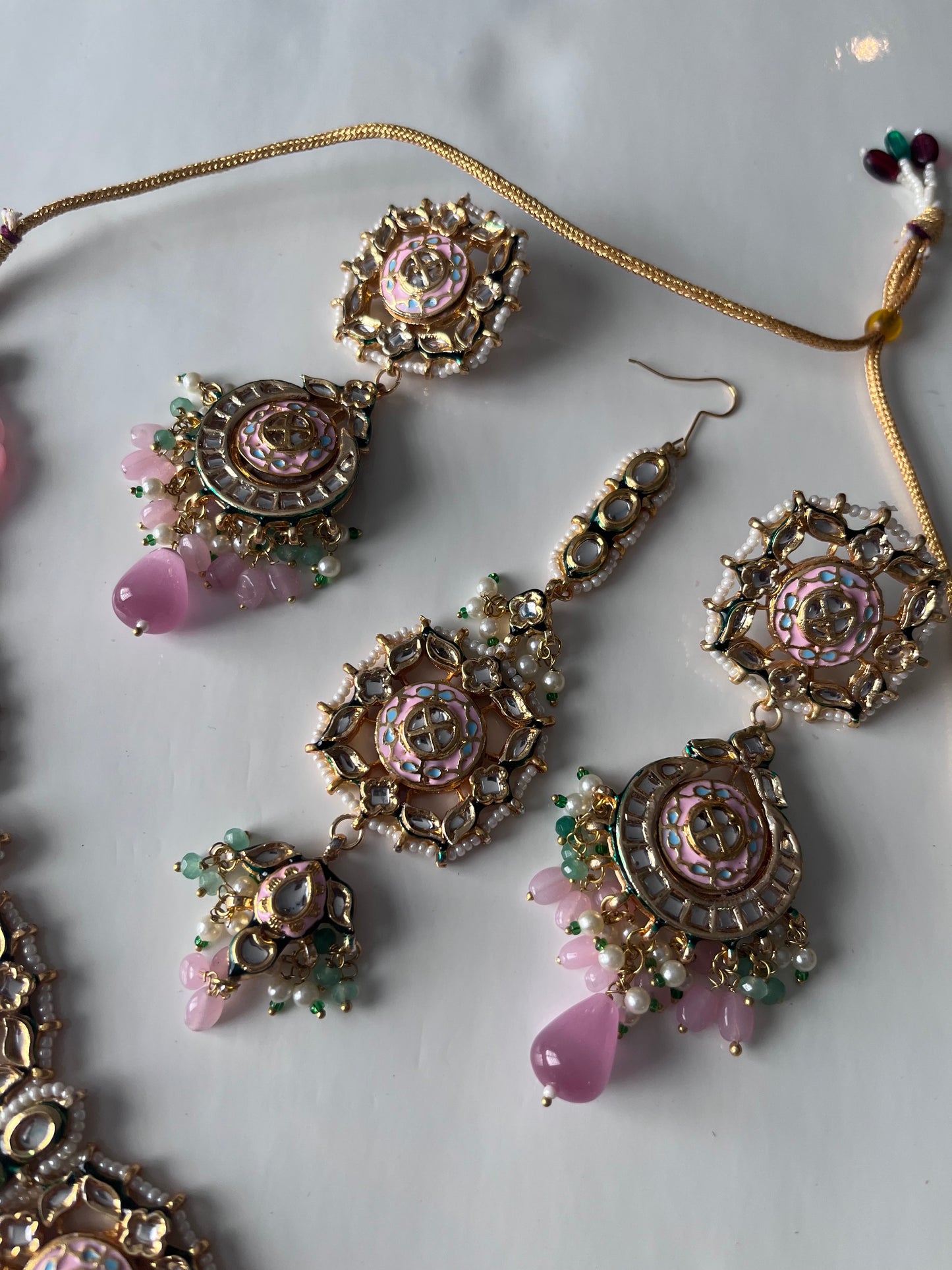 Pink/Green Kundan Set with Blue Meenakari work