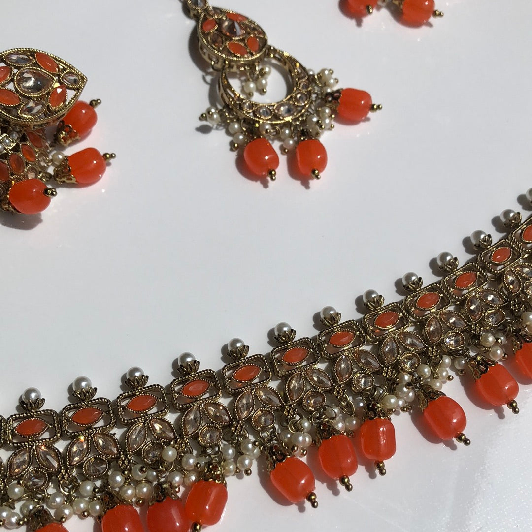 Orange Necklace Earring Tikka Set