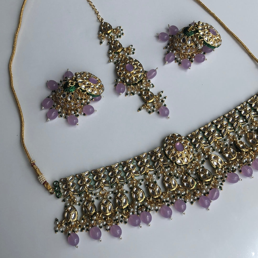 Lavender Emerald Green Necklace Earring Tikka Set