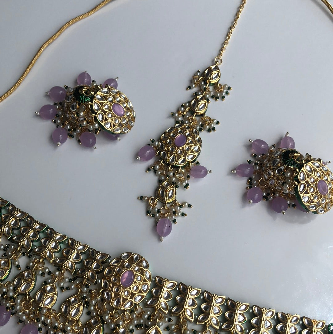 Lavender Emerald Green Necklace Earring Tikka Set