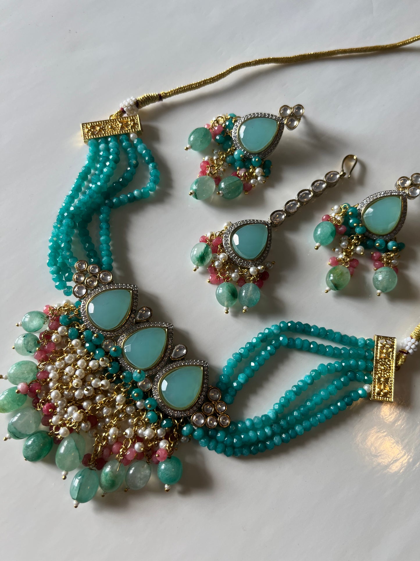 Flirty Blue Green Pink Kundan Set