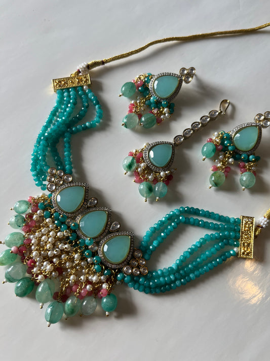 Flirty Blue Green Pink Kundan Set