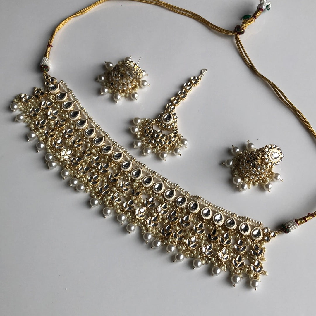 White Pearl Earrings Tikka Necklace Set