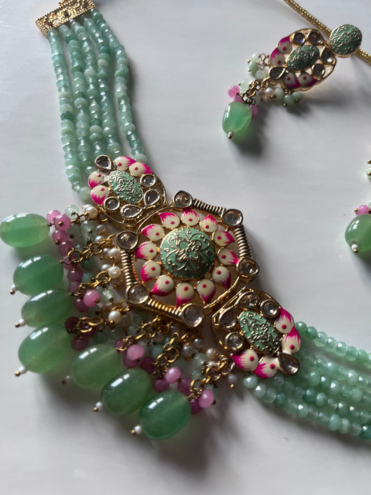 Sage Green Pink Meena Kari Choker