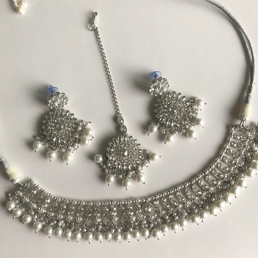 Silver Necklace Earring Tikka Set