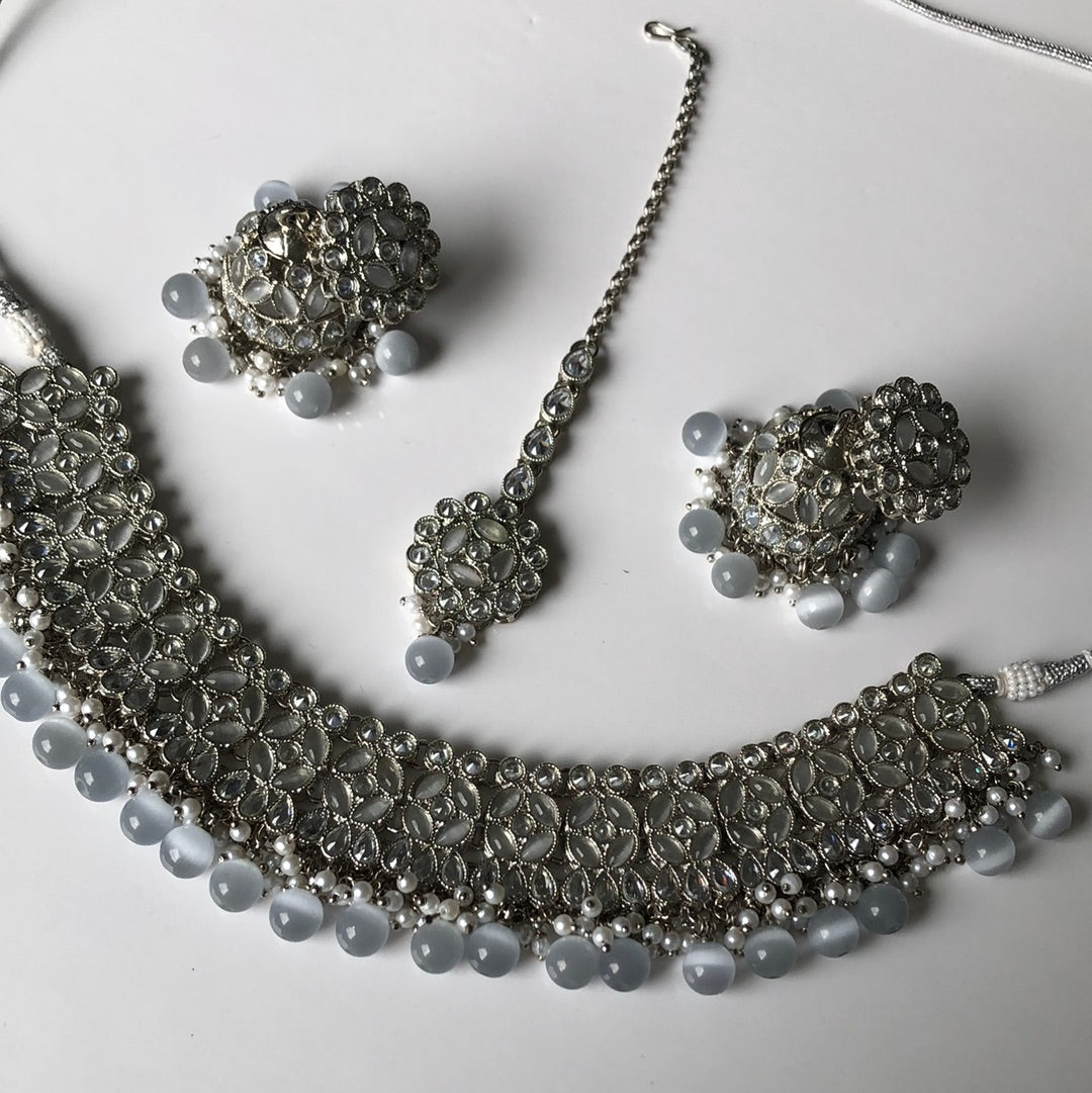 Silver Grey Bead Jumke Necklace Set