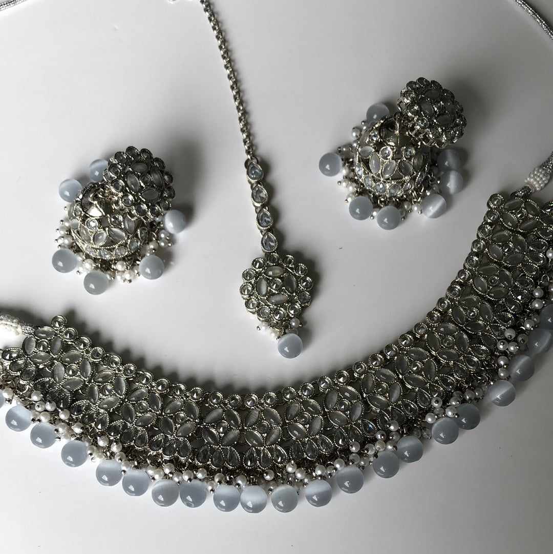 Silver Grey Bead Jumke Necklace Set