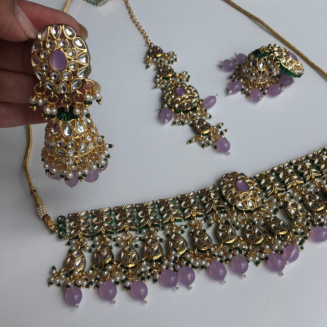 Lavender Emerald Green Necklace Earring Tikka Set