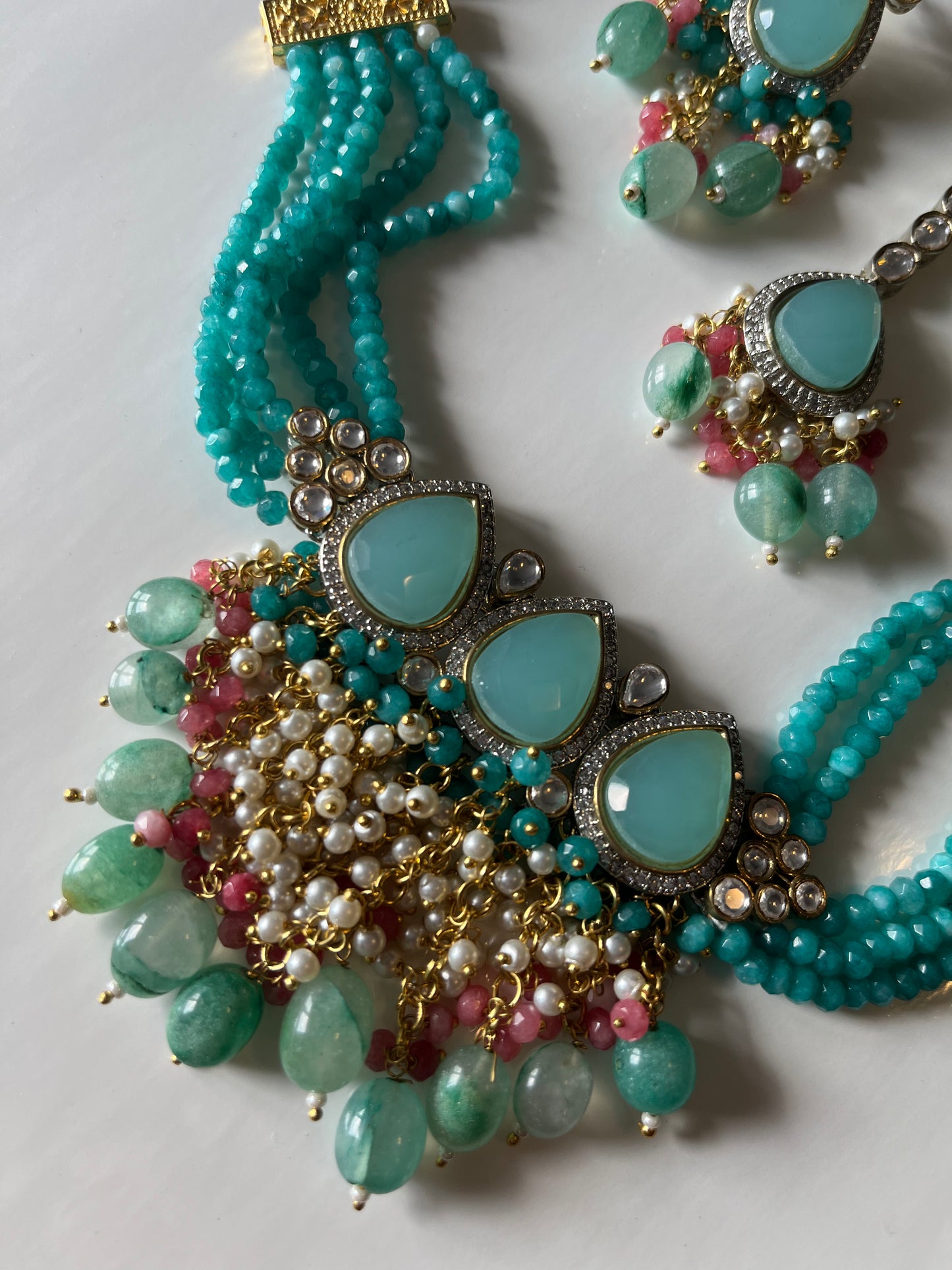 Flirty Blue Green Pink Kundan Set