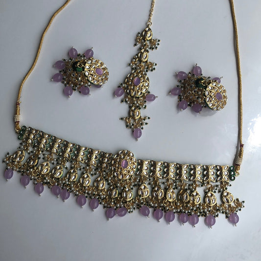 Lavender Emerald Green Necklace Earring Tikka Set