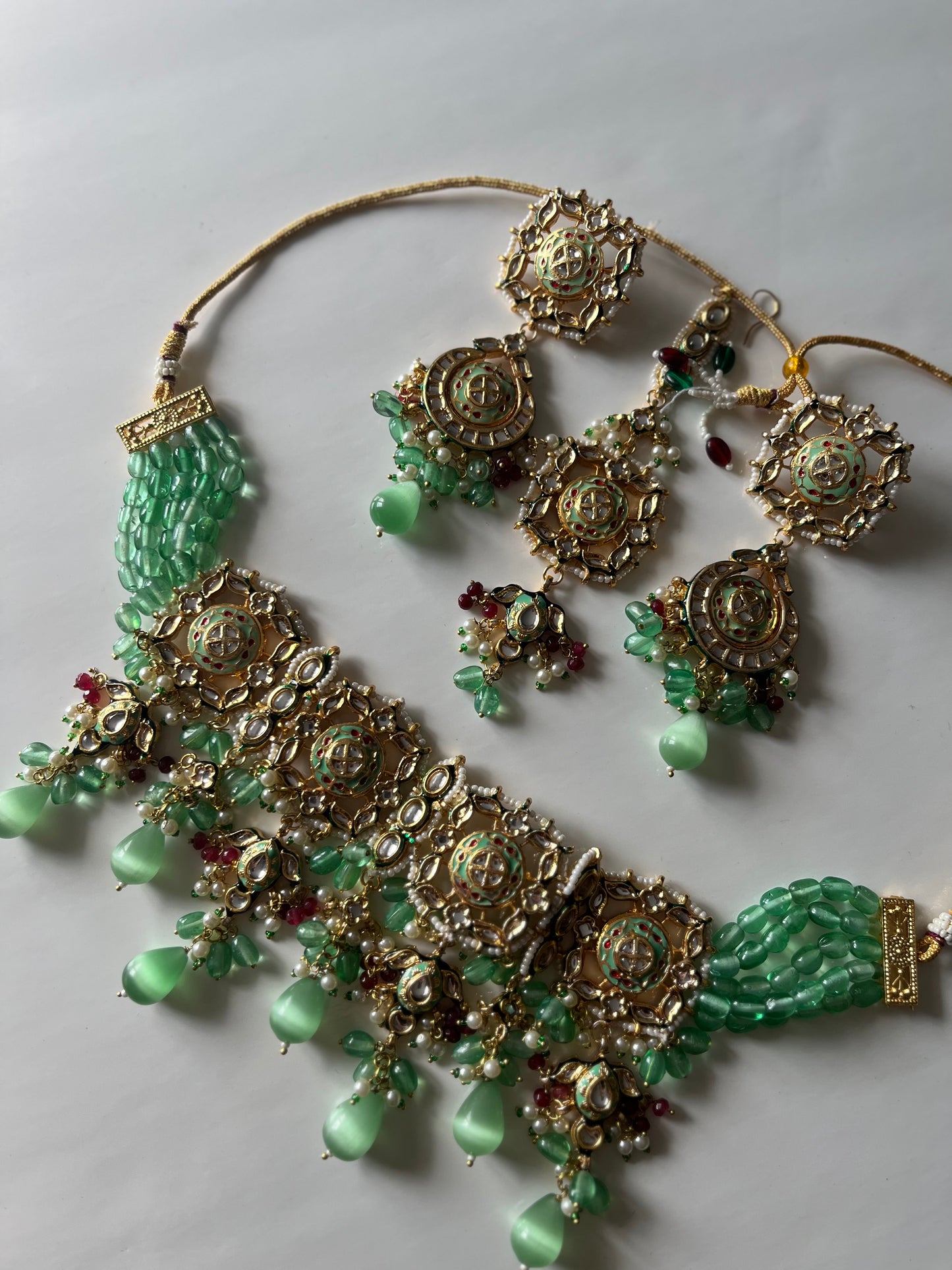 Sage Green Maroon Kundan Set with Meena Kari