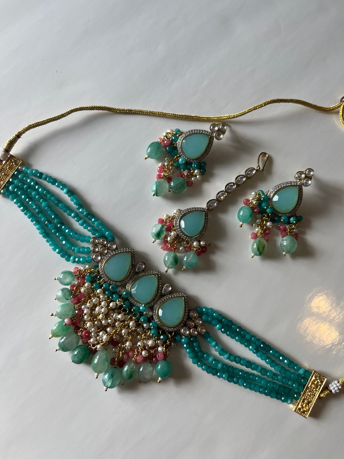 Flirty Blue Green Pink Kundan Set