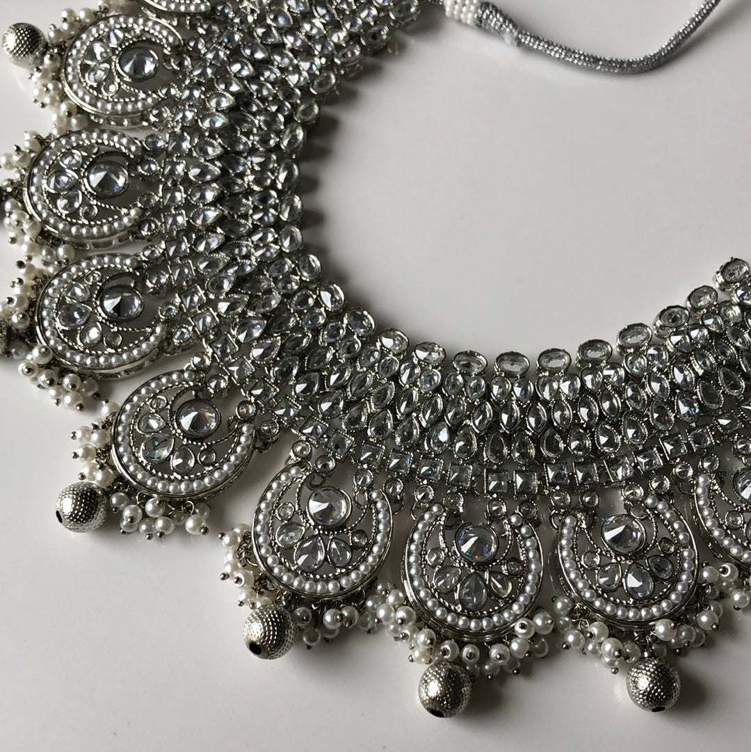 Silver Elegance Bridal Earrings Tikka Necklace Set