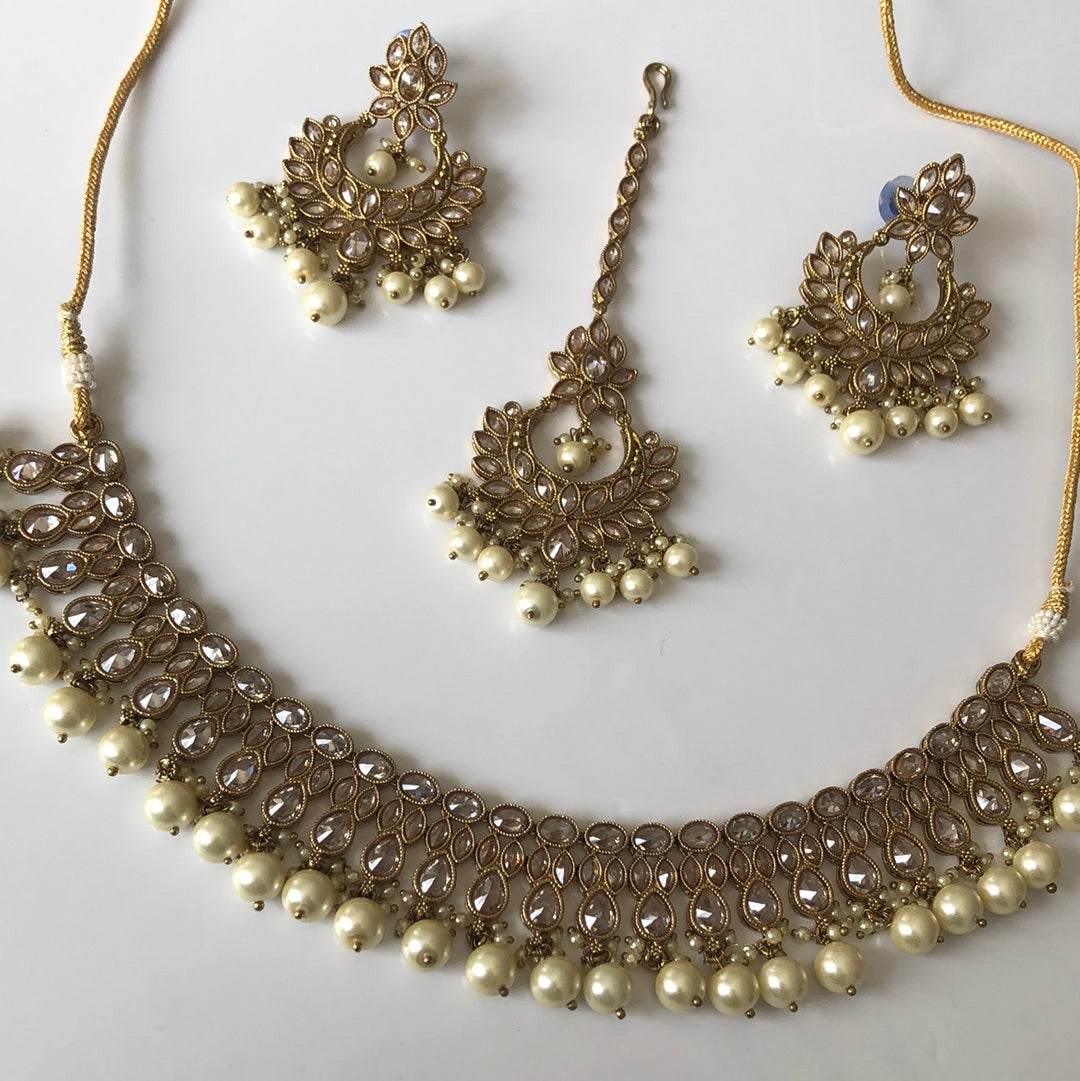 Gold Pearl Necklace Earring Tikka Set