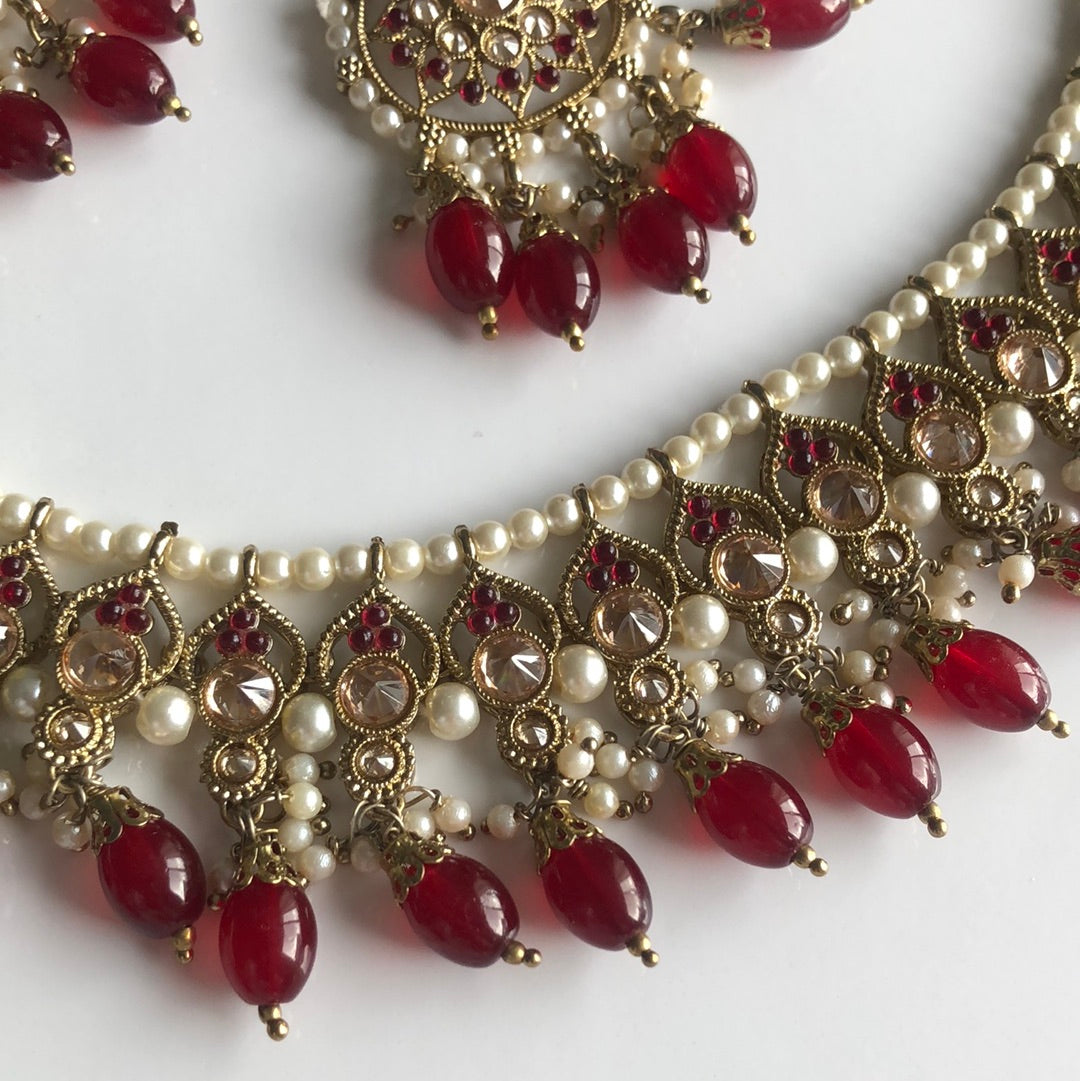 Deep Red Necklace Earring Tikka Set