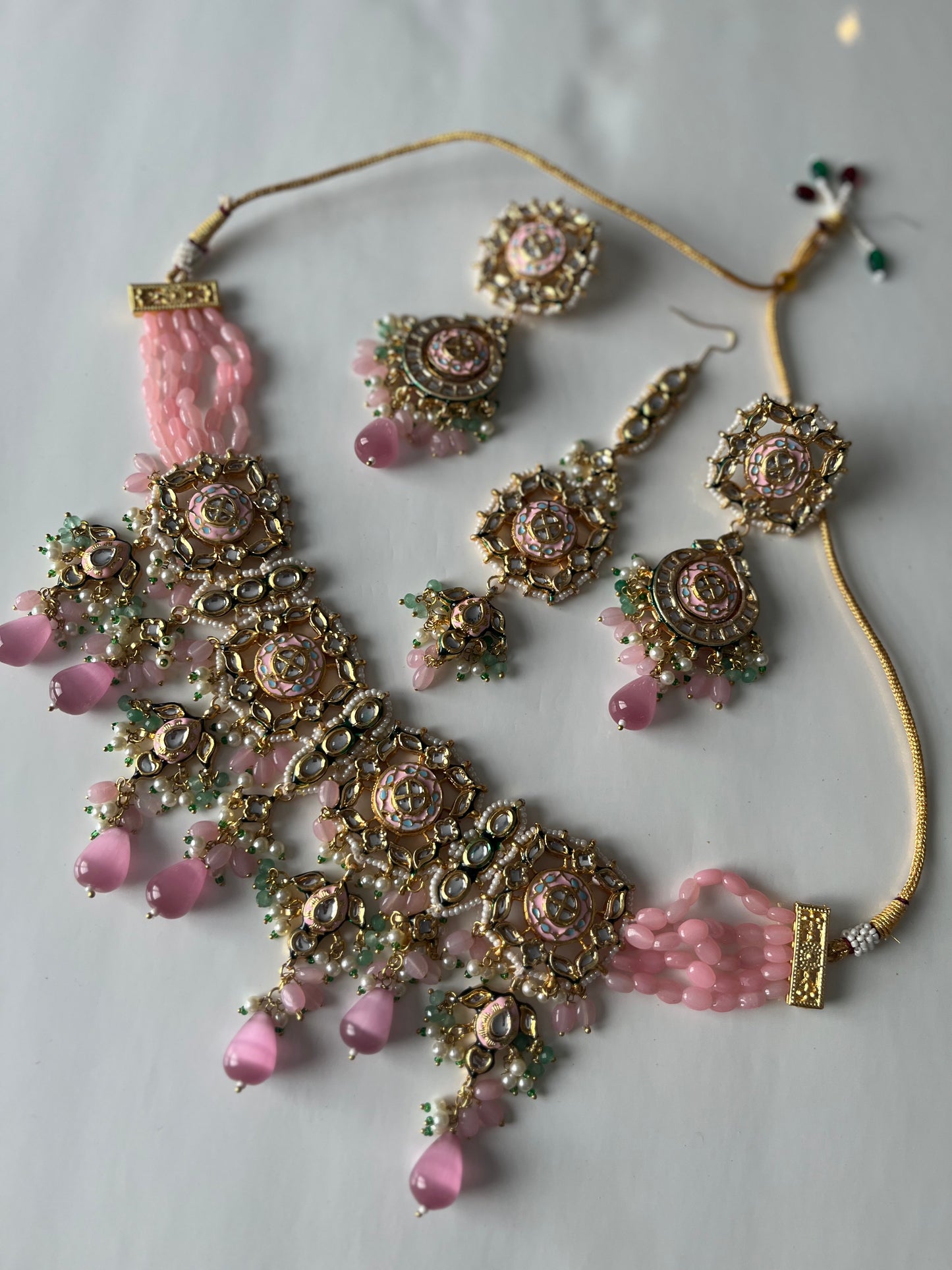 Pink/Green Kundan Set with Blue Meenakari work