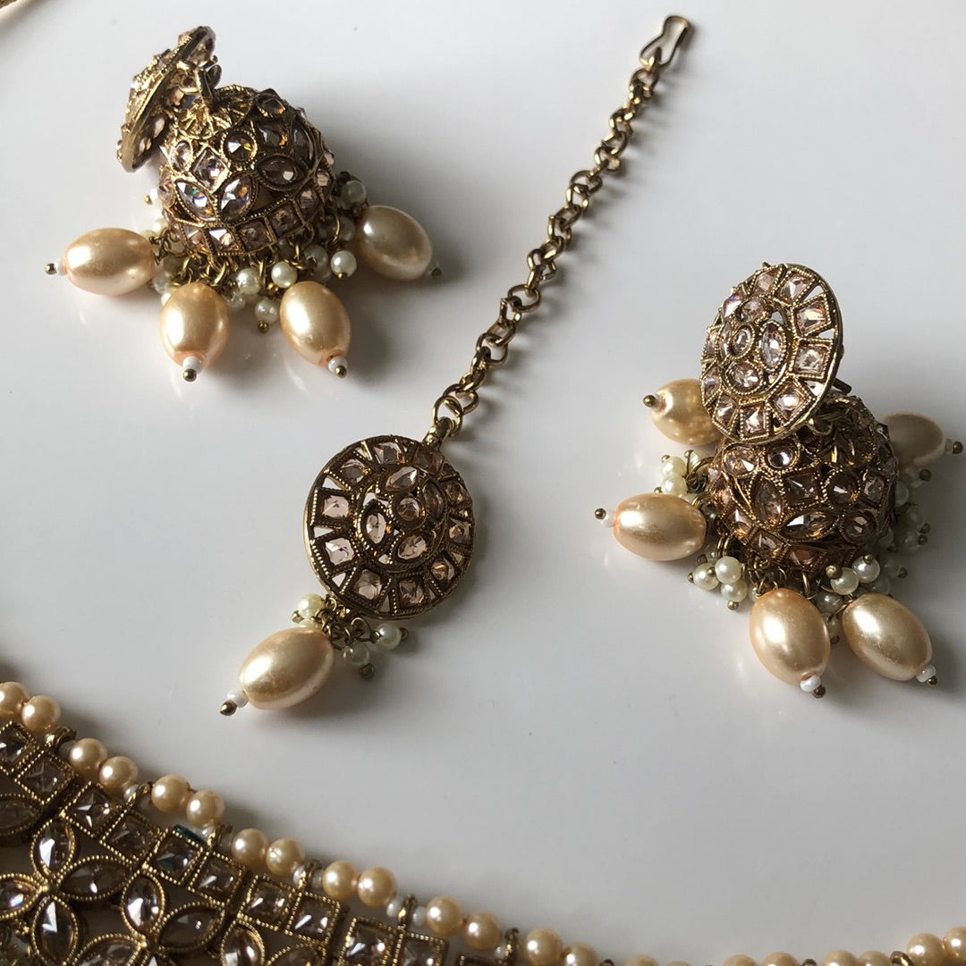 Floral Gold Oval Pearl Necklace Earring Tikka Set