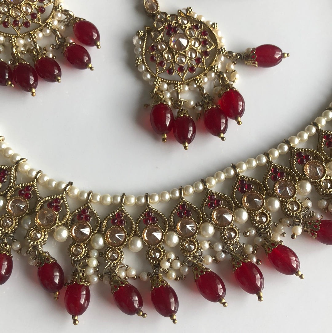 Deep Red Necklace Earring Tikka Set