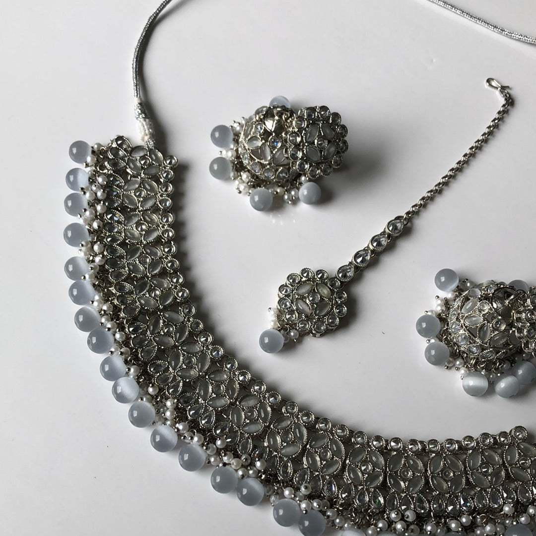 Silver Grey Bead Jumke Necklace Set