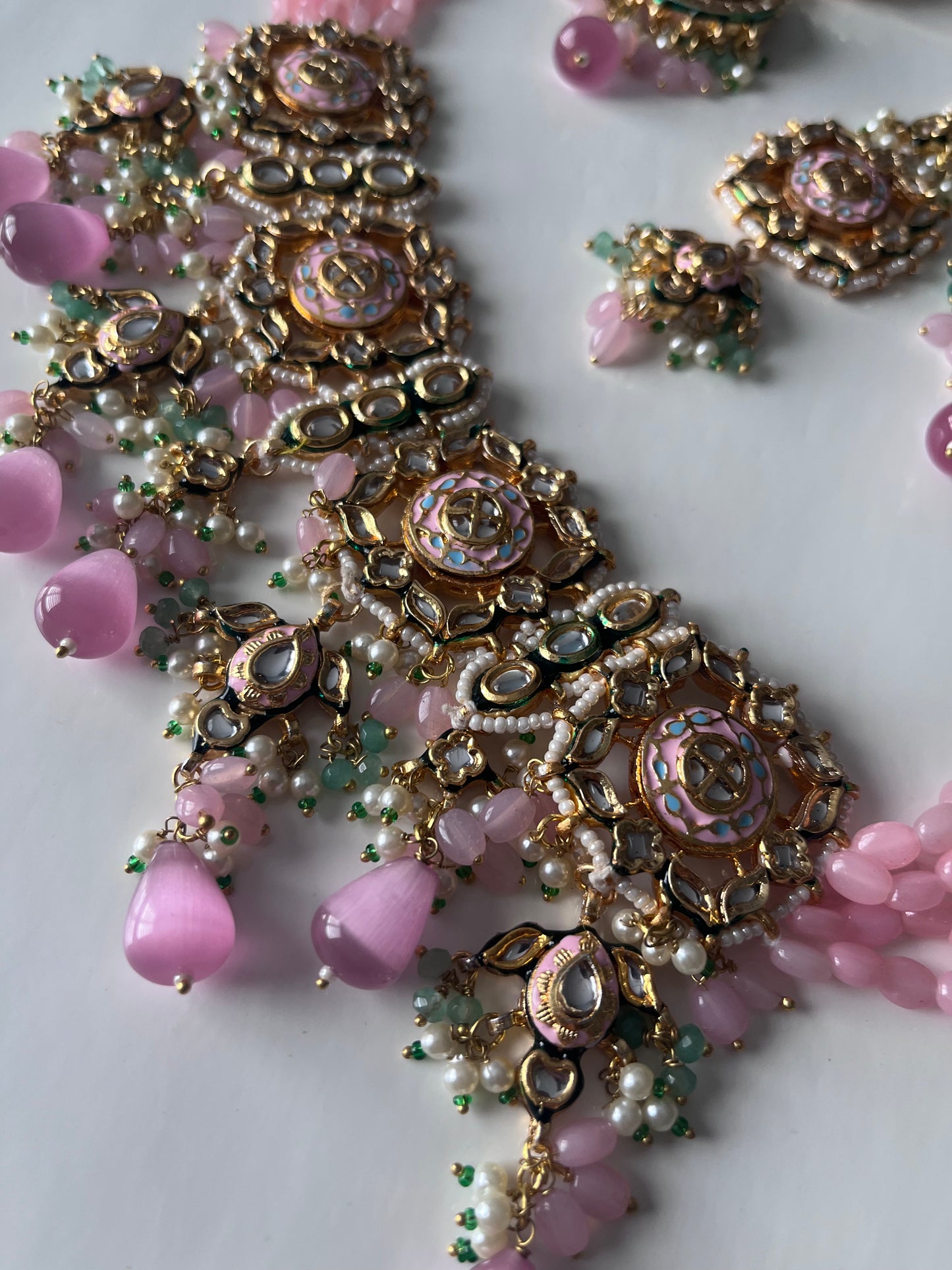 Pink/Green Kundan Set with Blue Meenakari work