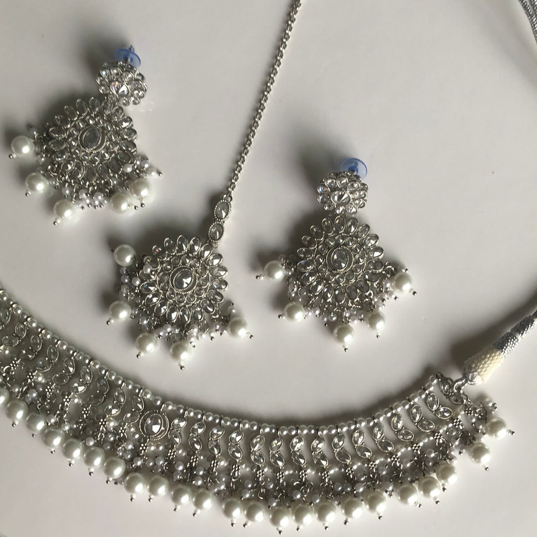 Silver Necklace Earring Tikka Set