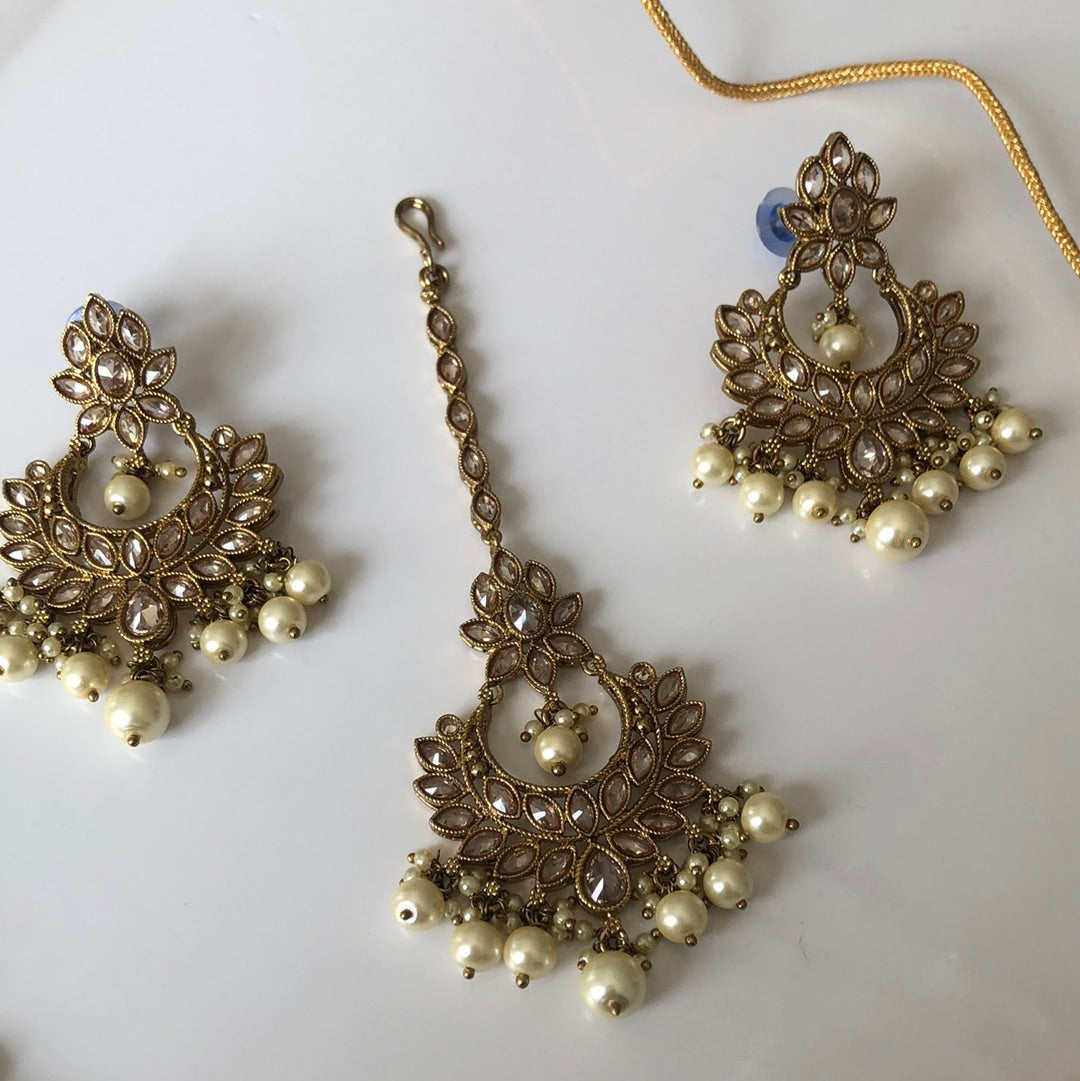 Gold Pearl Necklace Earring Tikka Set