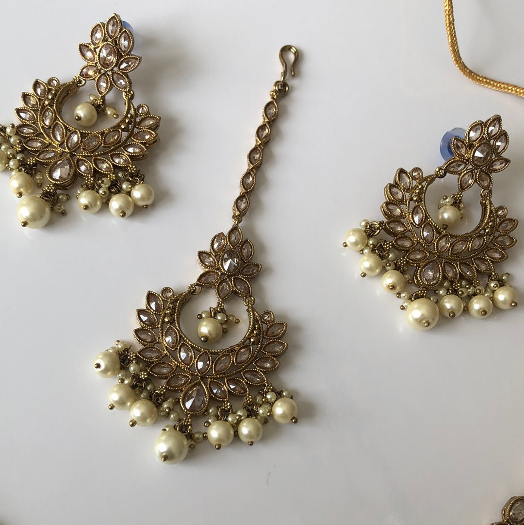 Gold Pearl Necklace Earring Tikka Set