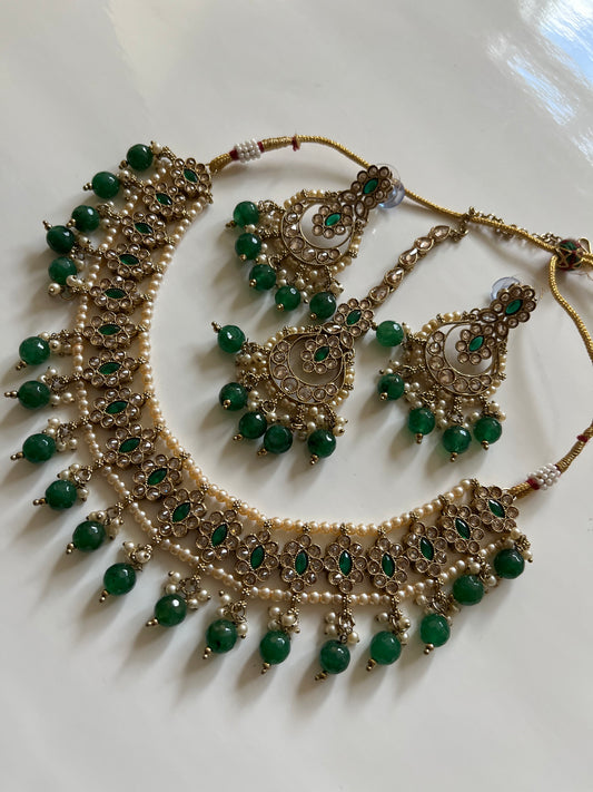 Forest Green Pearl Necklace Set