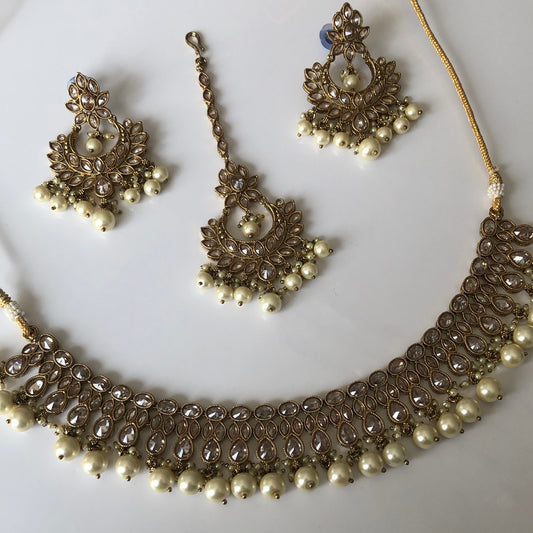 Gold Pearl Necklace Earring Tikka Set