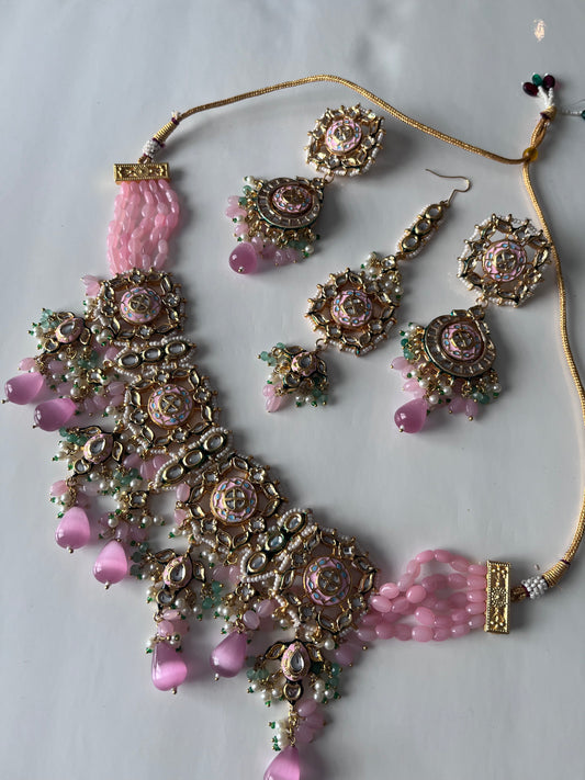 Pink/Green Kundan Set with Blue Meenakari work