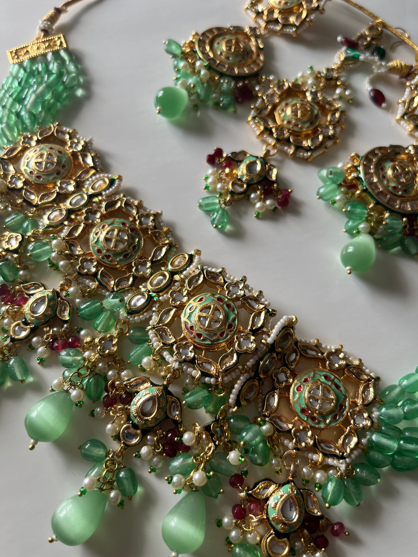 Sage Green Maroon Kundan Set with Meena Kari