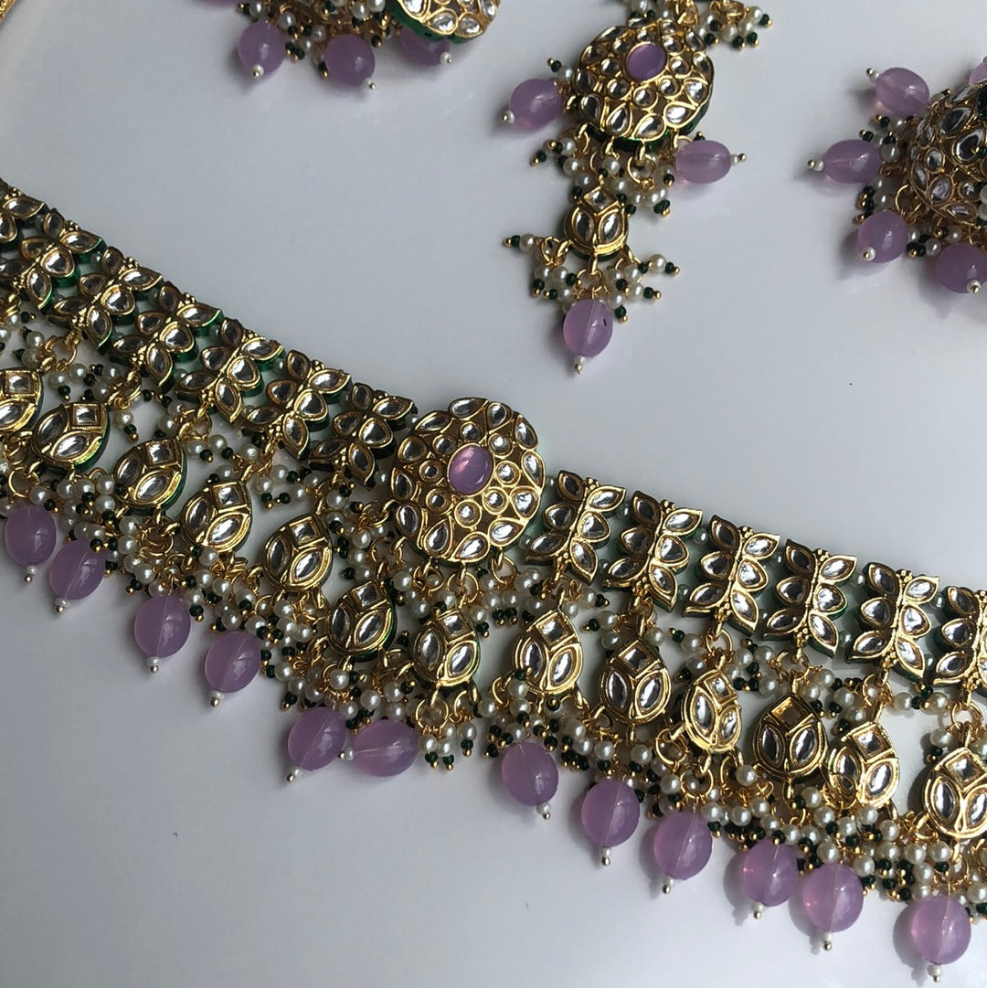 Lavender Emerald Green Necklace Earring Tikka Set