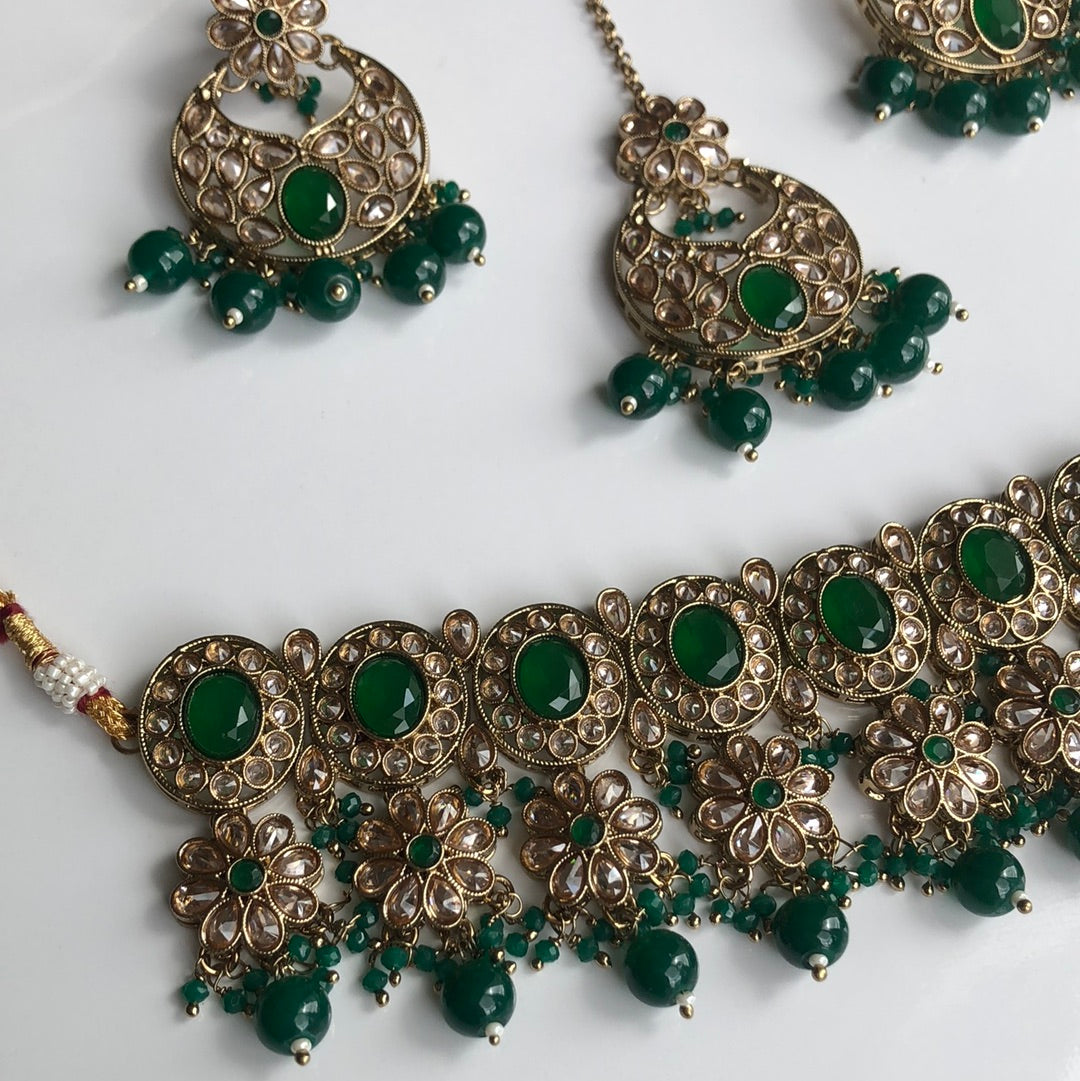 Deep Green Necklace Earring Tikka Set