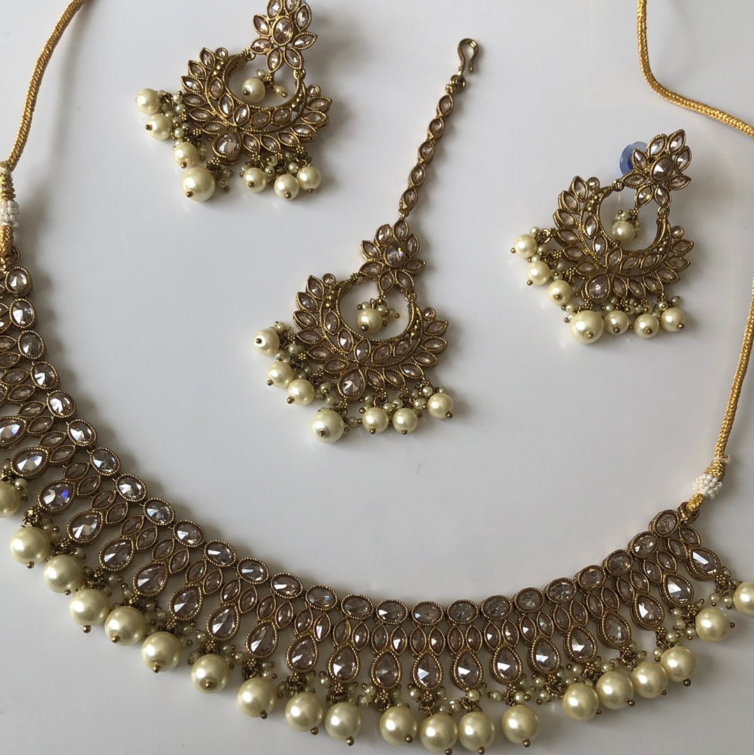 Gold Pearl Necklace Earring Tikka Set