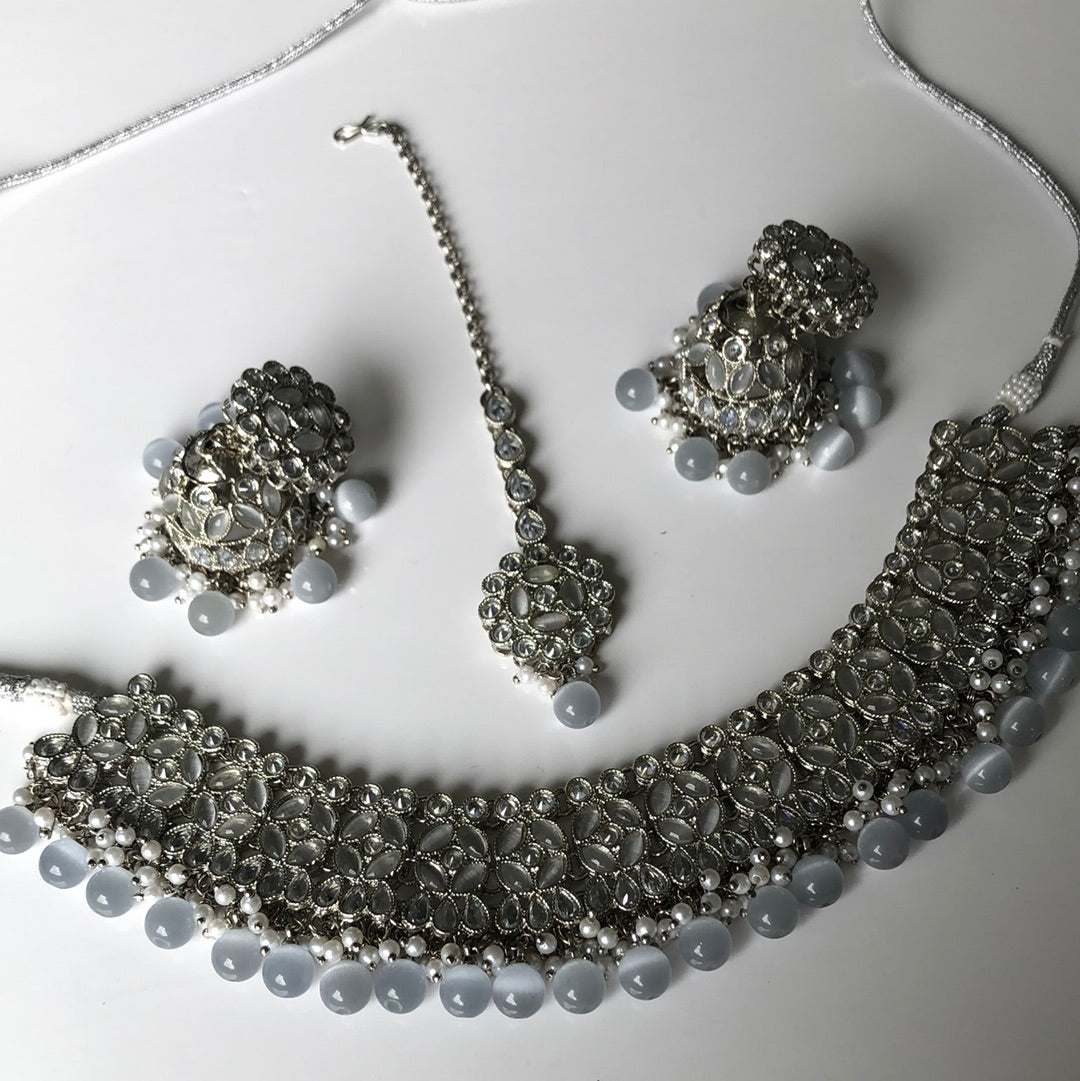 Silver Grey Bead Jumke Necklace Set