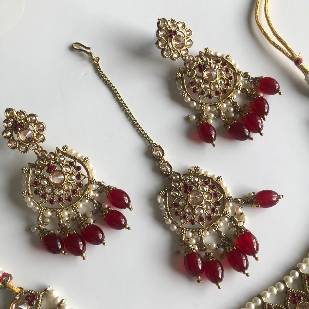 Deep Red Necklace Earring Tikka Set