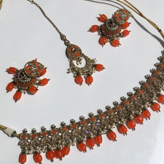 Orange Necklace Earring Tikka Set