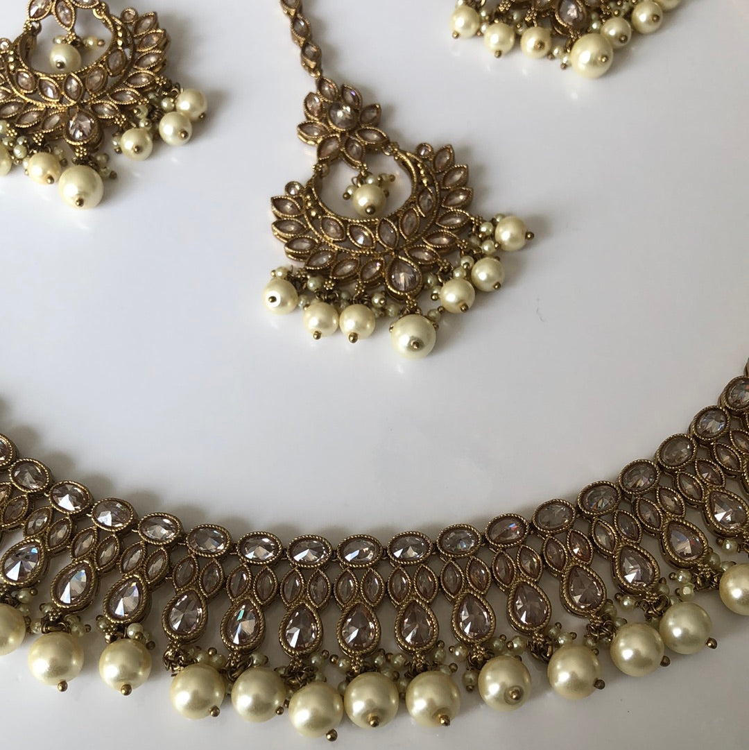 Gold Pearl Necklace Earring Tikka Set