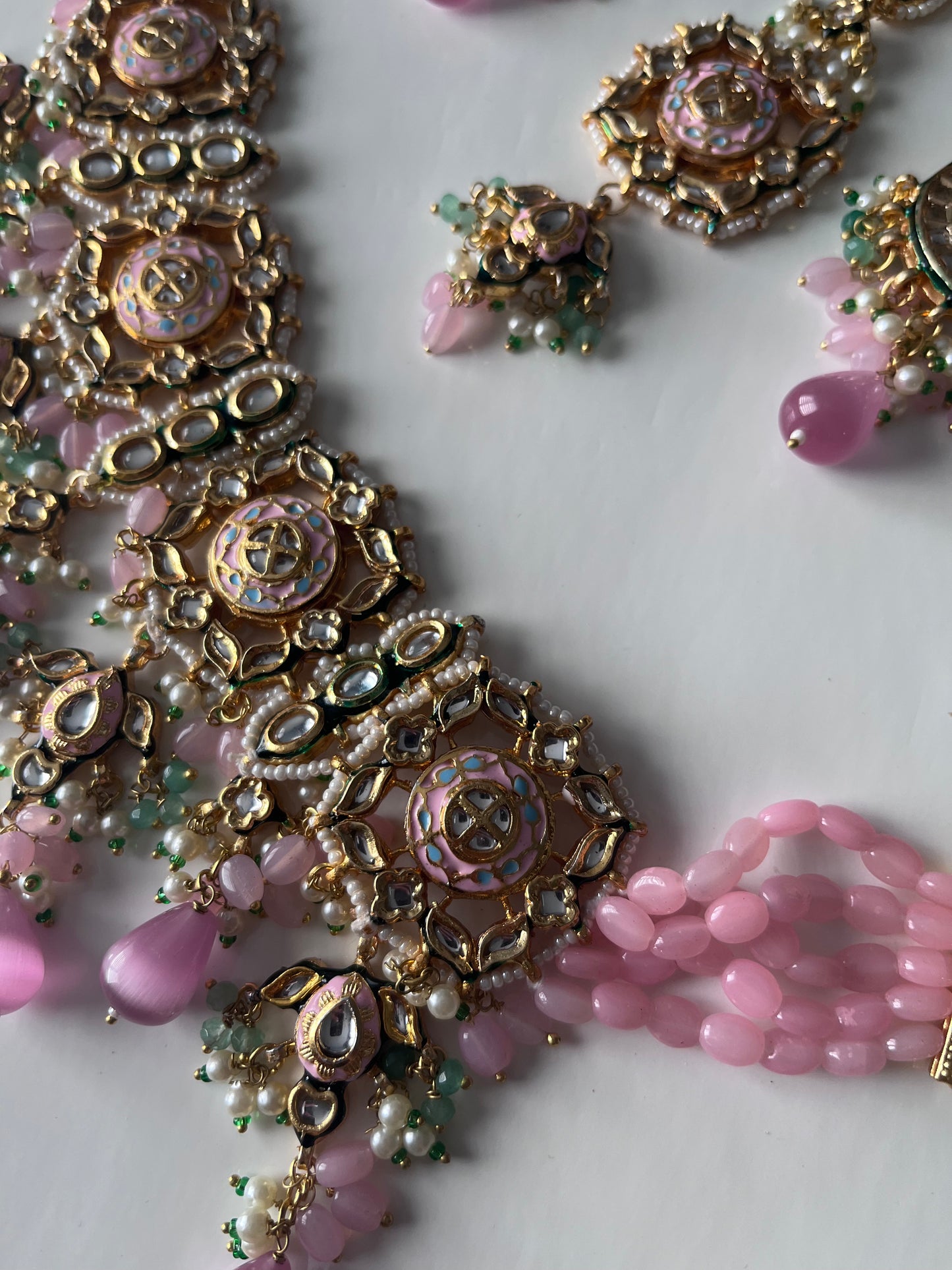 Pink/Green Kundan Set with Blue Meenakari work